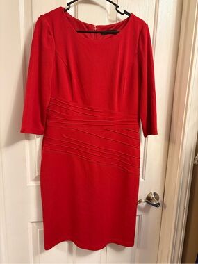 Ellen Tracy Red Long-Sleeve Pleated Waist Sheath Dress